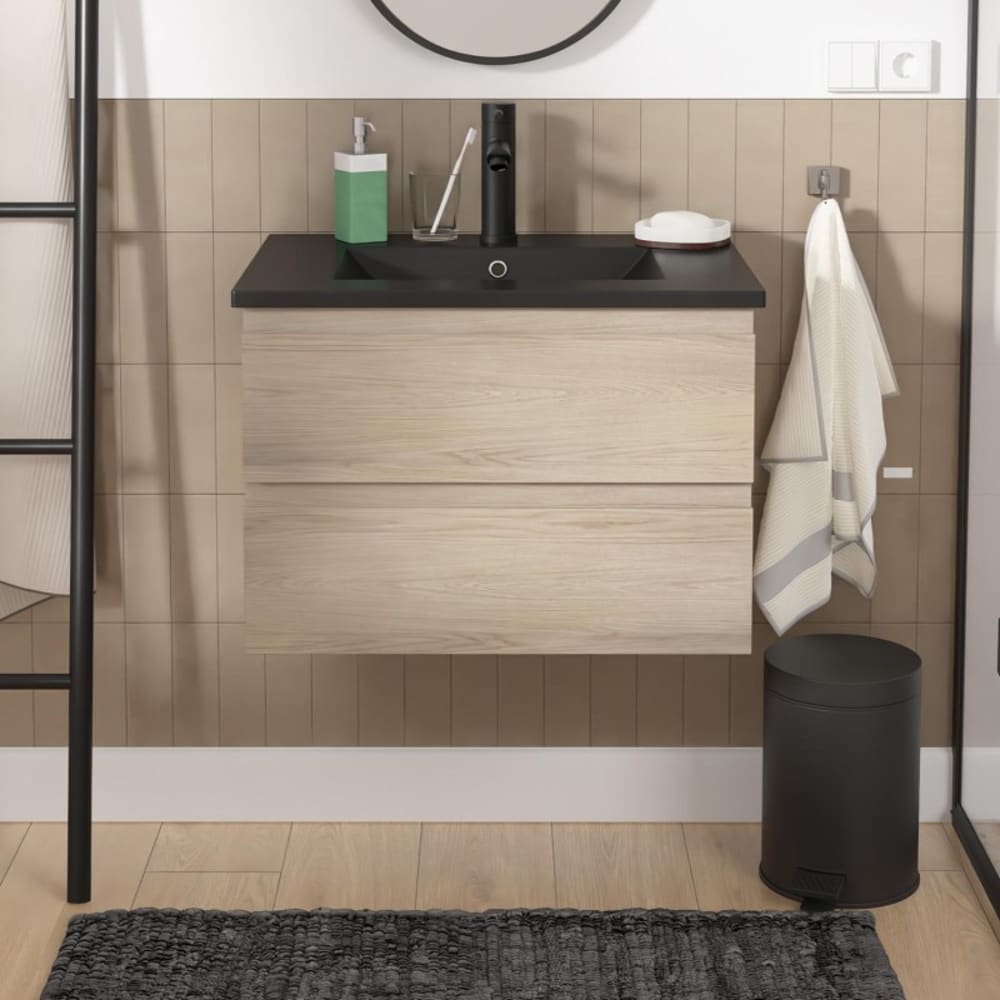 Ensemble simple vasque SORRENTO 60cm avec plan céramique et robinet noir