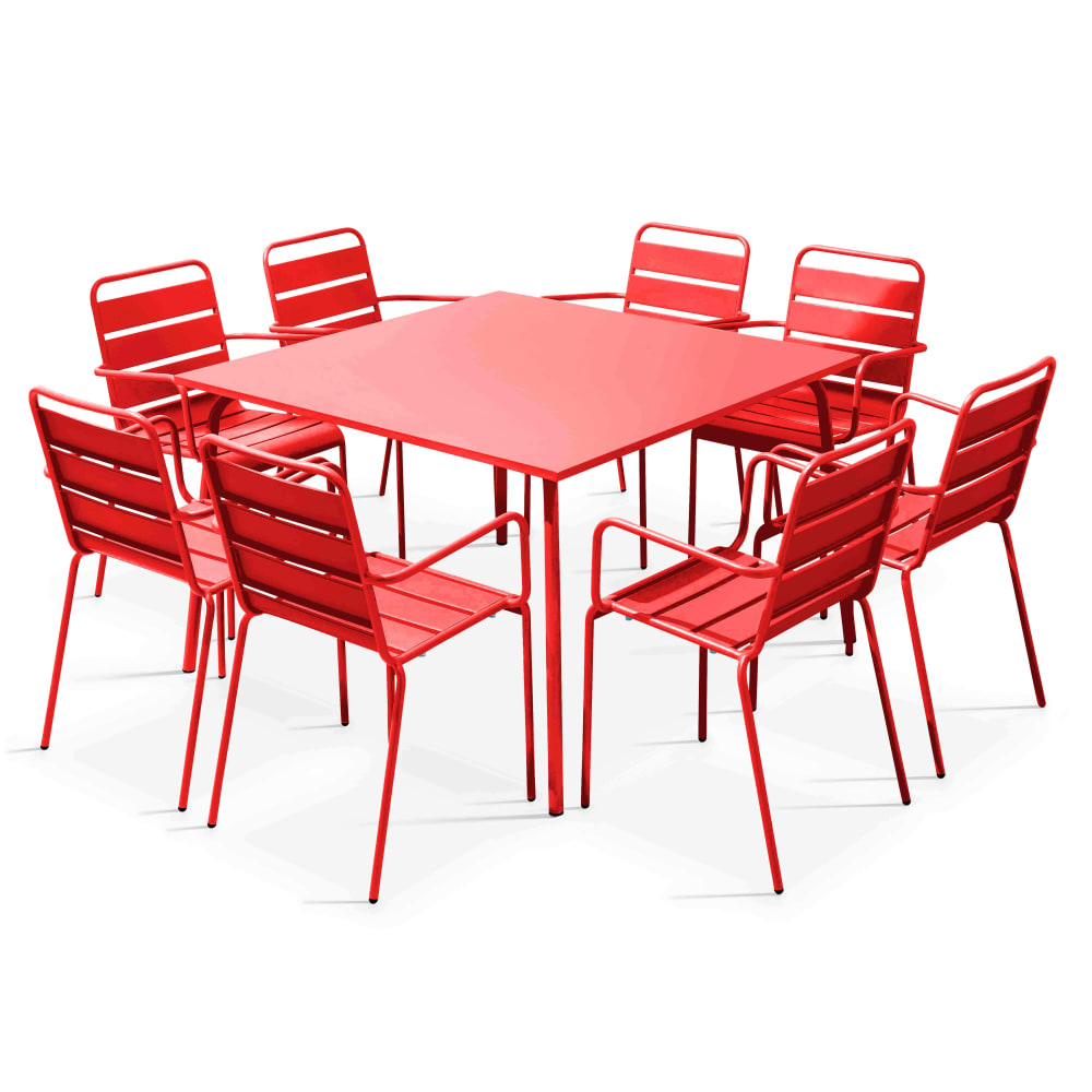 Ensemble table de jardin carrée et 8 fauteuils en métal rouge Palavas Oviala