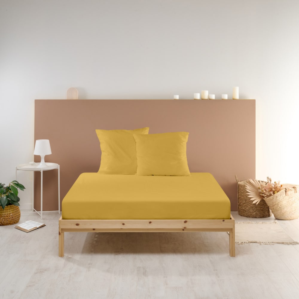 Drap housse uni en percale de coton moutarde 140x190cm