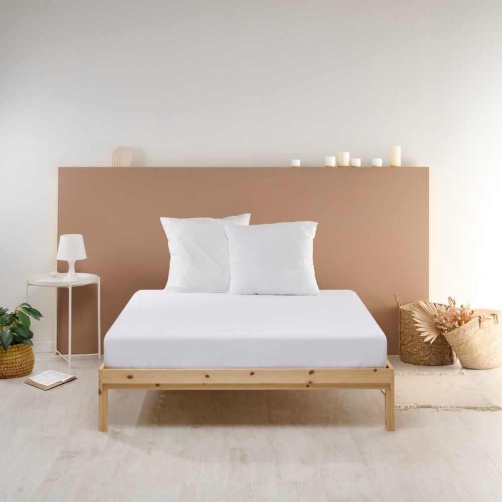 Drap housse uni en percale de coton blanc 140x190cm