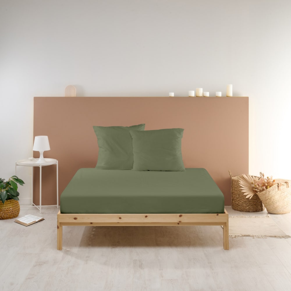 Drap housse uni en percale de coton kaki 140x190cm