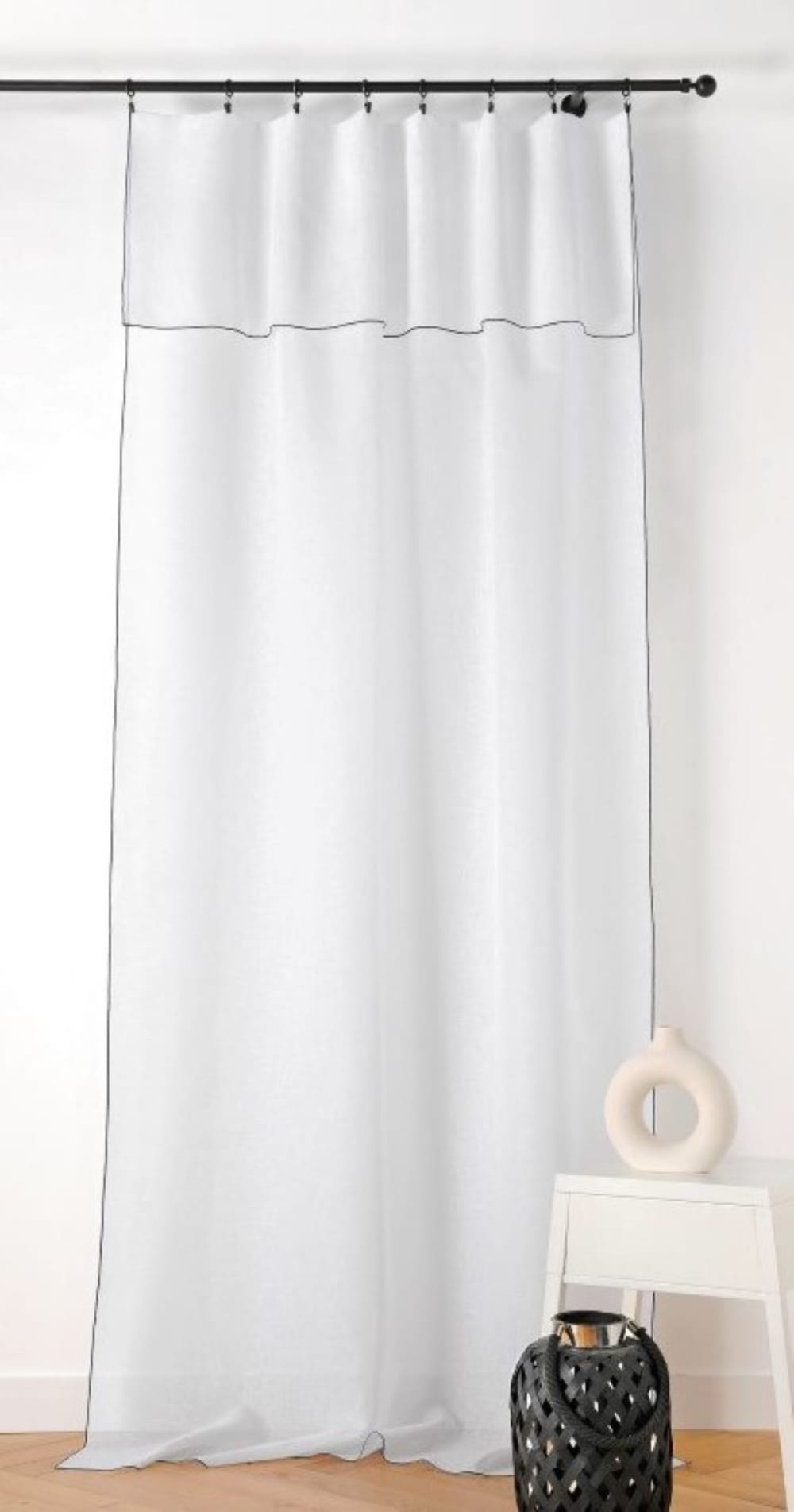 Voilage aspect lin bourdon noir - 140x295cm - Blanc