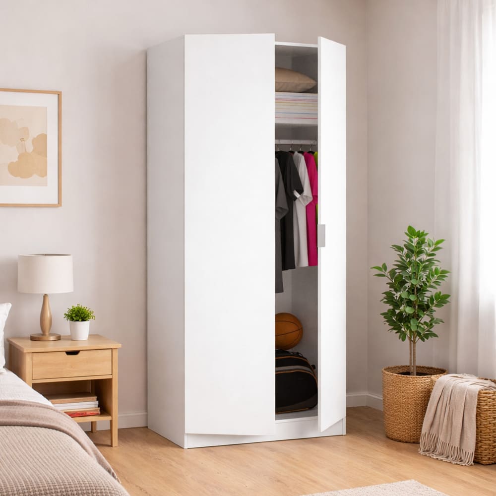 Garde-robe 2 portes Giovo, Cintre pour chambre à coucher, Armoire polyvalente, 81x52h184 cm, Blanc