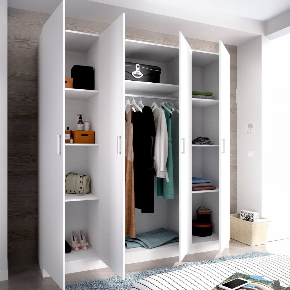 Grande Garde-robe Bove, Cintre pour chambre à coucher, Armoire avec 4 portes battantes, 200x52h215 cm, Blanc