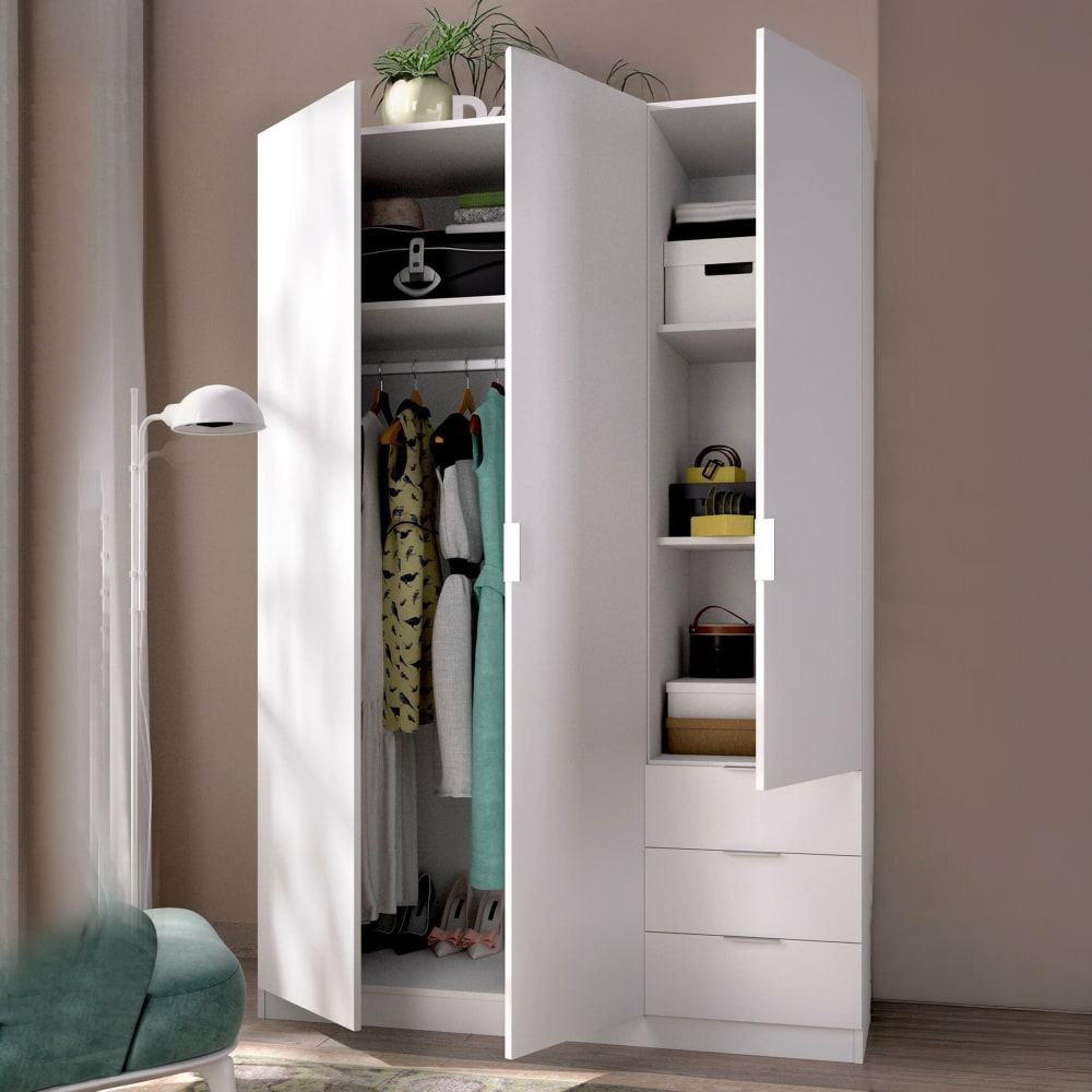 Garde-robe 3 portes Cimone, Cintre pour chambre, armoire 3 tiroirs, 121x52h184 cm, Blanc