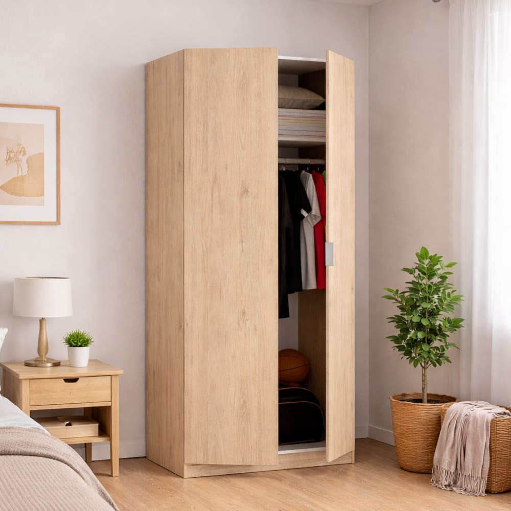 Garde-robe 2 portes Giovo, Cintre pour chambre à coucher, Armoire polyvalente, 81x52h184 cm, Chêne