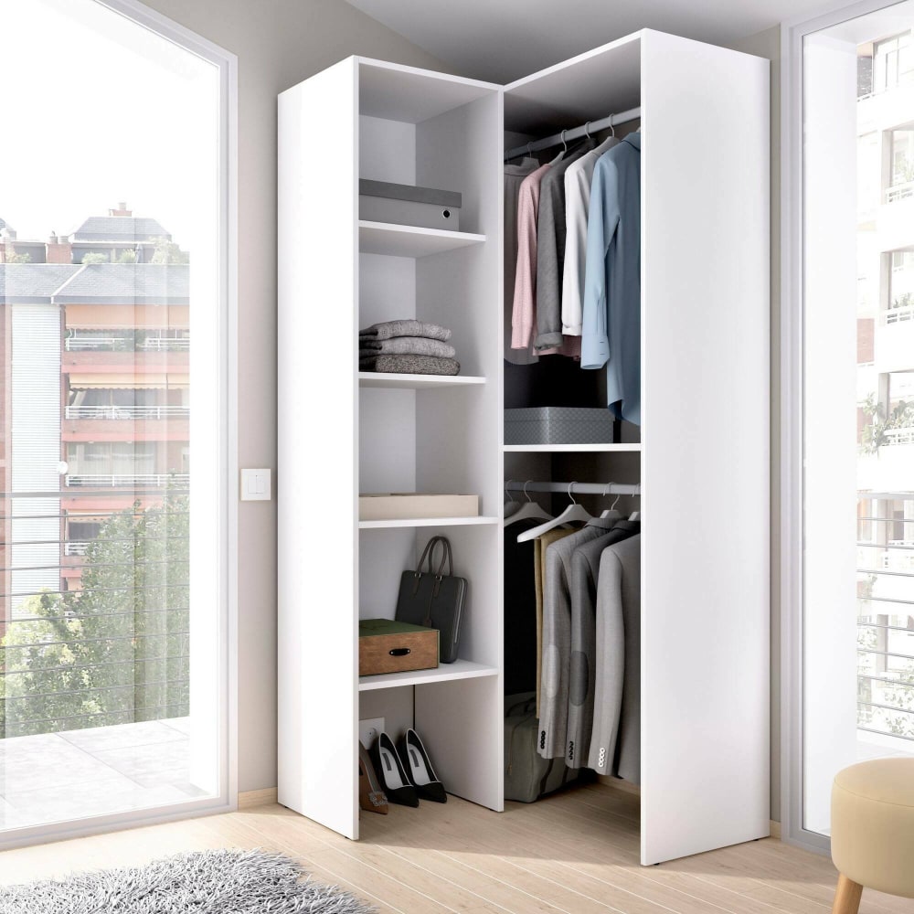 Grande Garde-robe Bernina, Structure pour dressing d'angle, Cintre d'angle ouvert, 79x88h186 cm, Blanc