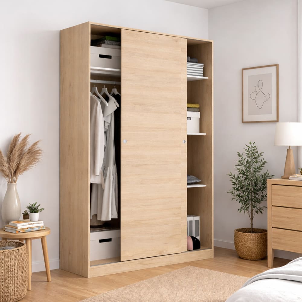 Garde-robe 2 portes Denali, Cintre pour chambre à coucher, Armoire à portes coulissantes, 120x50h204 cm, Chêne