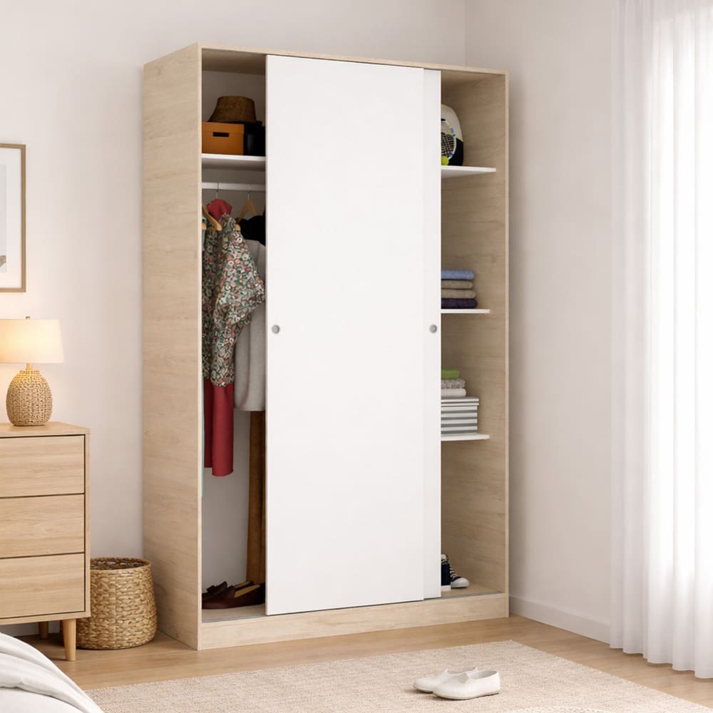 Garde-robe 2 portes Denali, Cintre pour chambre à coucher, Armoire à portes coulissantes, 120x50h204 cm, Blanc brillant et Chêne