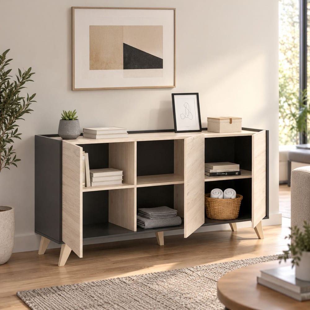 Buffet Effet Bois Beige, Anthracite 155x43 Cm