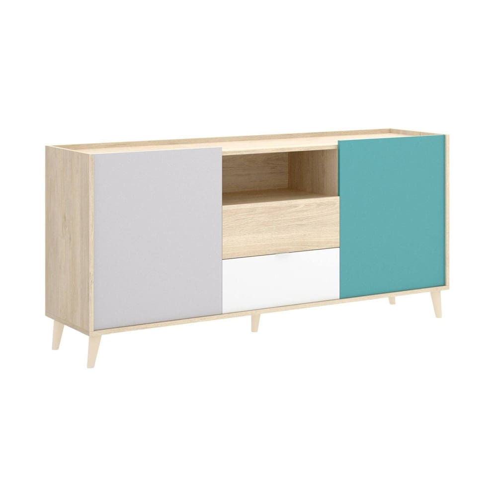 Buffet Rainier, Buffet de salon, Buffet de salon moderne avec 2 portes, 155x43h75 cm, Blanc et Chêne