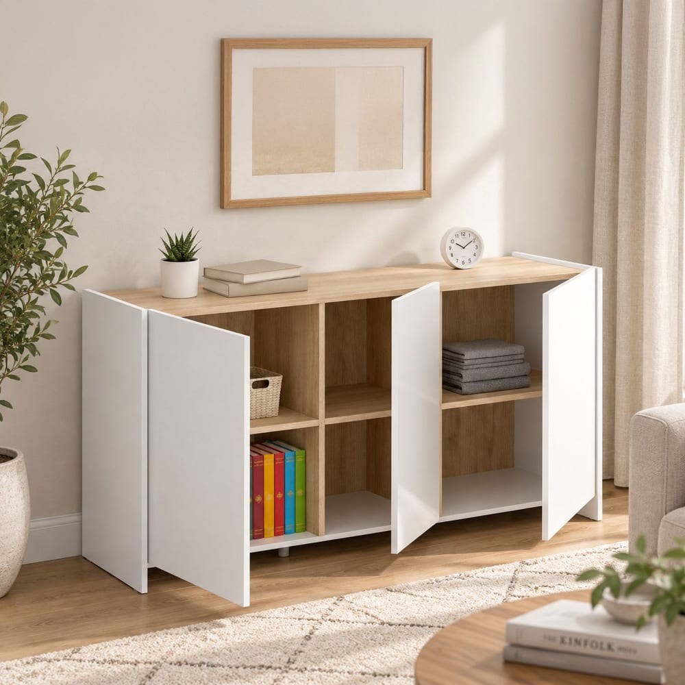 Buffet Calino, Buffet de salon, Buffet de salon moderne avec 3 portes, 138x42h76 cm, Blanc et Chêne