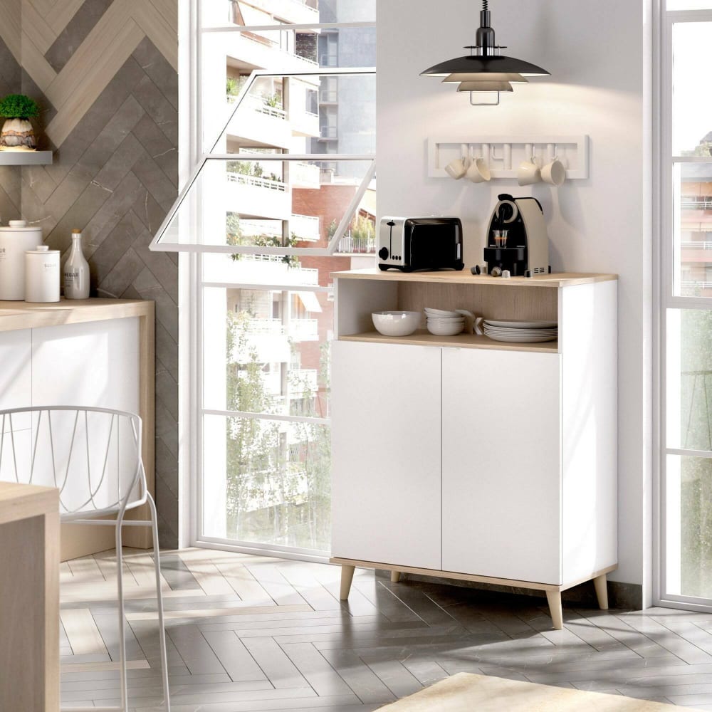 Buffet Varatella, Buffet garde-manger de salon, Buffet de salon moderne avec 2 portes, 80x40h102 cm, Blanc et Chêne