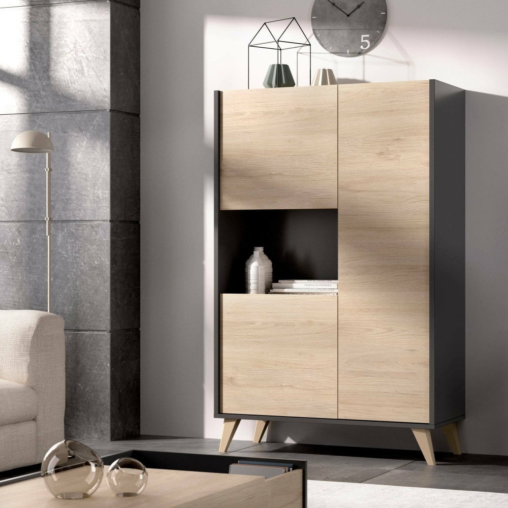Buffet Boario, Buffet de salon haut, Buffet de salon moderne avec 3 portes, 81x43h135 cm, Chêne et Anthracite