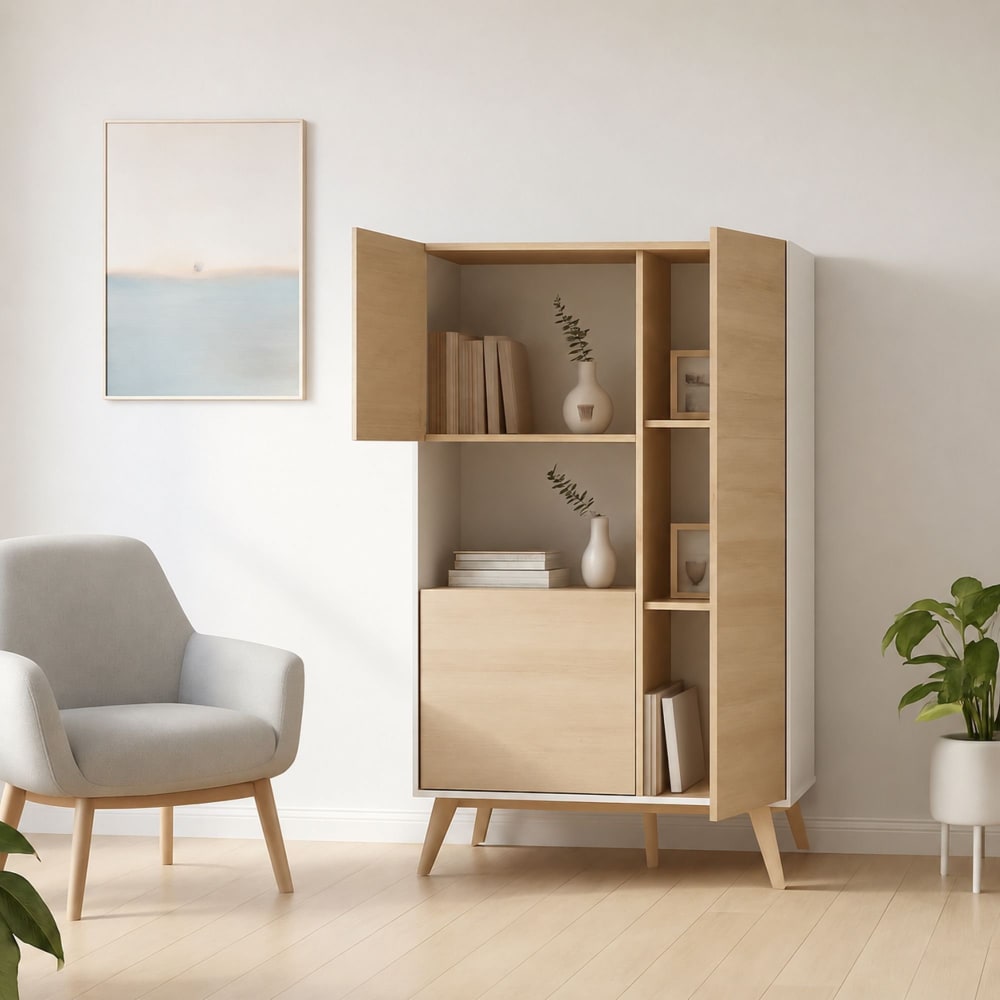 Buffet Boario, Buffet de salon haut, Buffet de salon moderne avec 3 portes, 81x43h135 cm, Chêne et Blanc