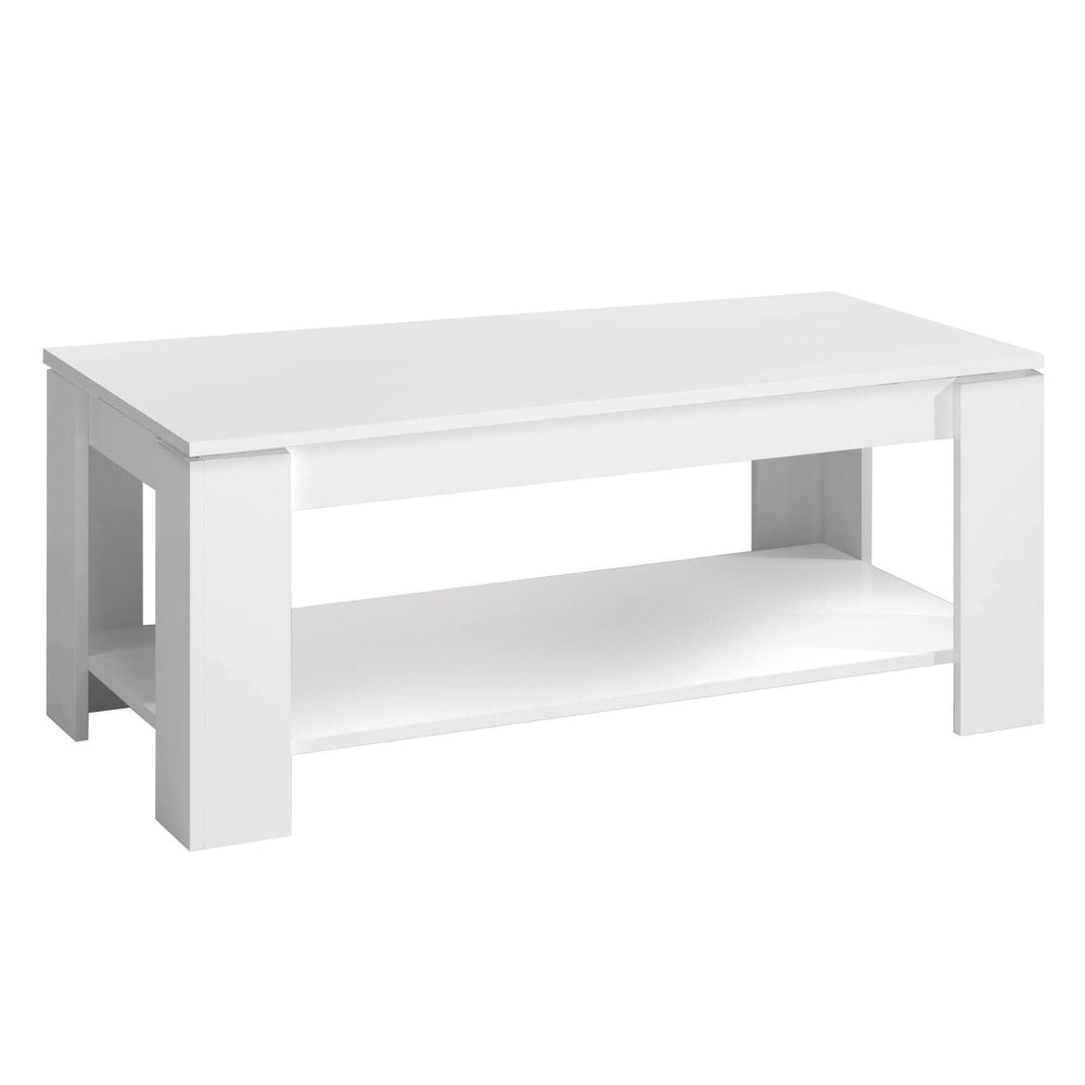 Table basse Aeolus, Table basse avec étagère élévatrice, Table basse de salon, 102x50h43/54 cm, Blanc mat
