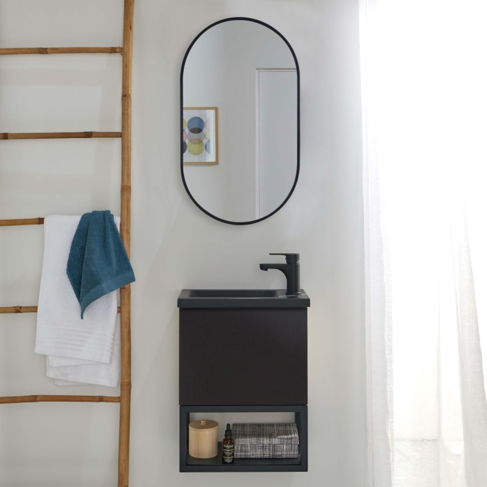 Ensemble lave-mains NOVA métal et bois avec robinet noir et miroir ovale
