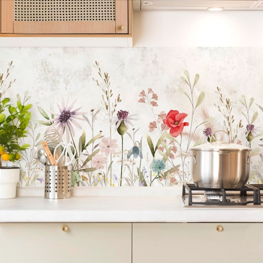 Crédence cuisine en aluminium motif floral marron 240x50 cm (en 2 bandeaux)