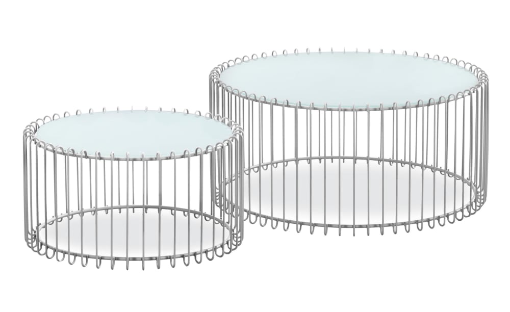 Ensemble de 2 tables basses rondes verre blanc et métal gris