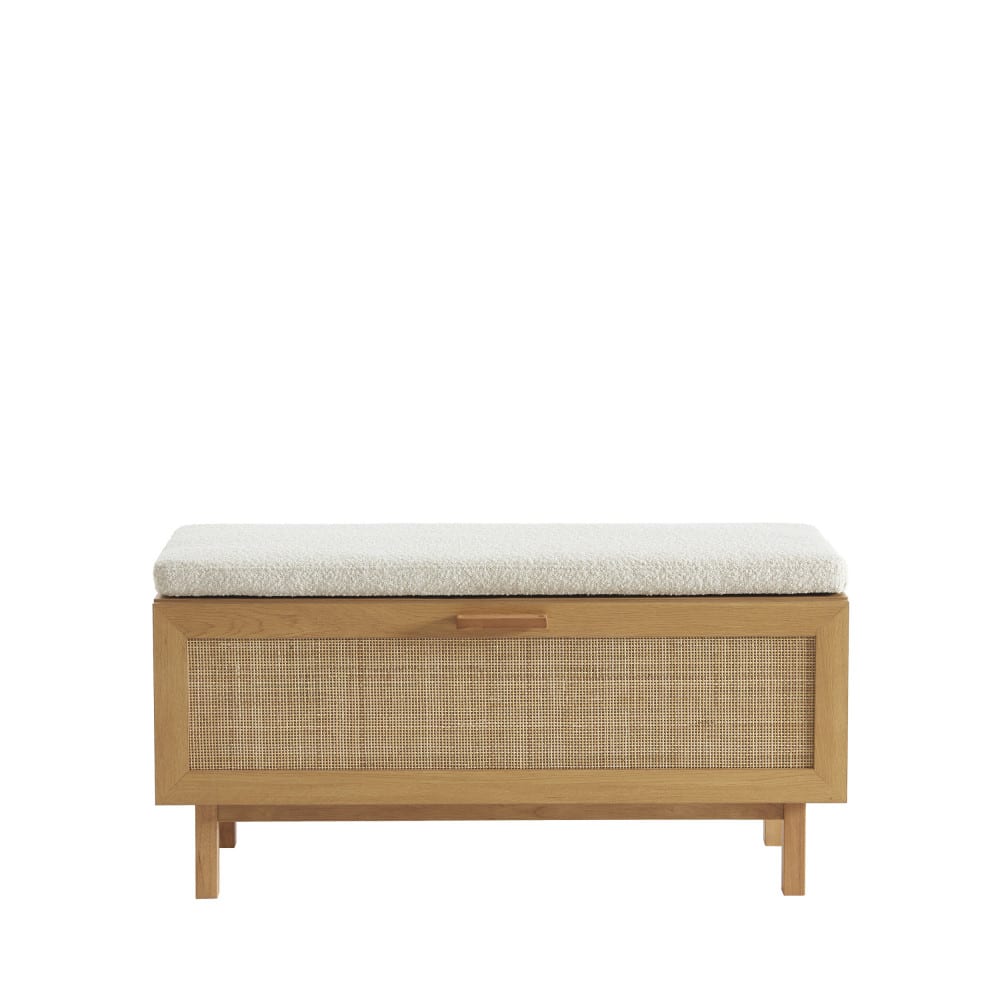 June - Banc d'entrée avec rangement chaussures en bois et cannage L100cm - Bois clair