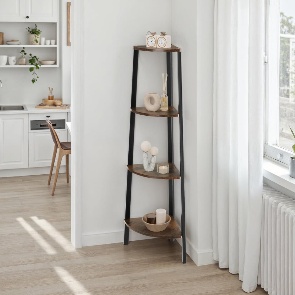 Étagère D'angle Style Industriel 34x34x125 Cm Bois Foncé