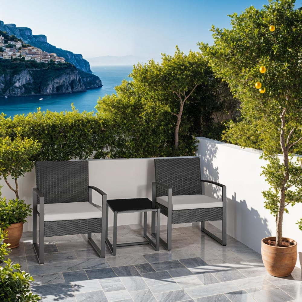 Ensemble salon de jardin en poly rotin 2 places noir gris clair acier epoxy 58x55,5x78cm