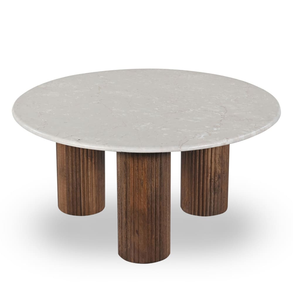 Sula - Table basse en marbre et bois massif diam.80cm - Blanc ivoire