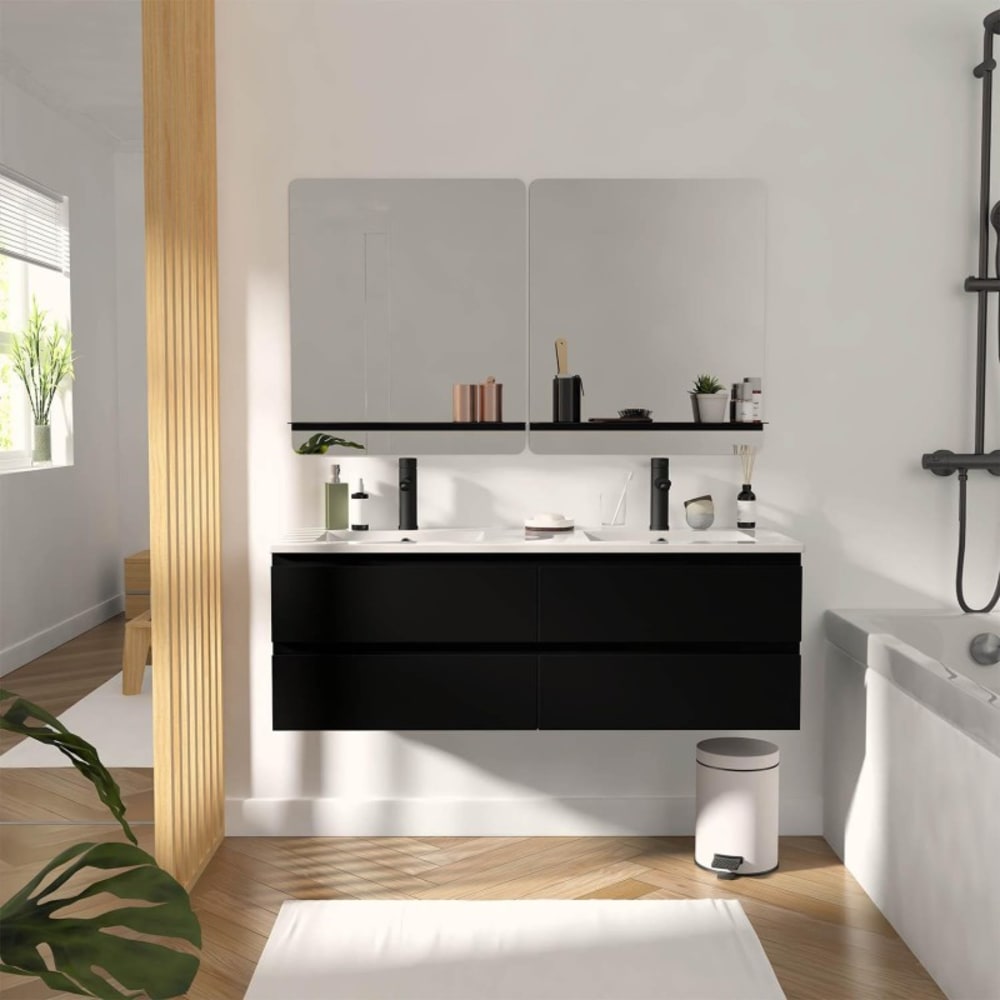 Meuble double vasque 120cm avec plan céramique SORRENTO Noir + miroir