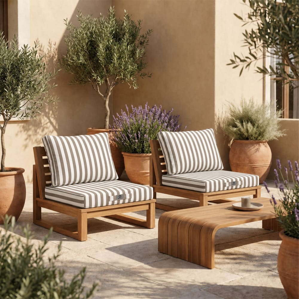 Ensemble Coussins Salon Jardin 60x60 Rayure Beige - Premium 270g (assise + Dossier)