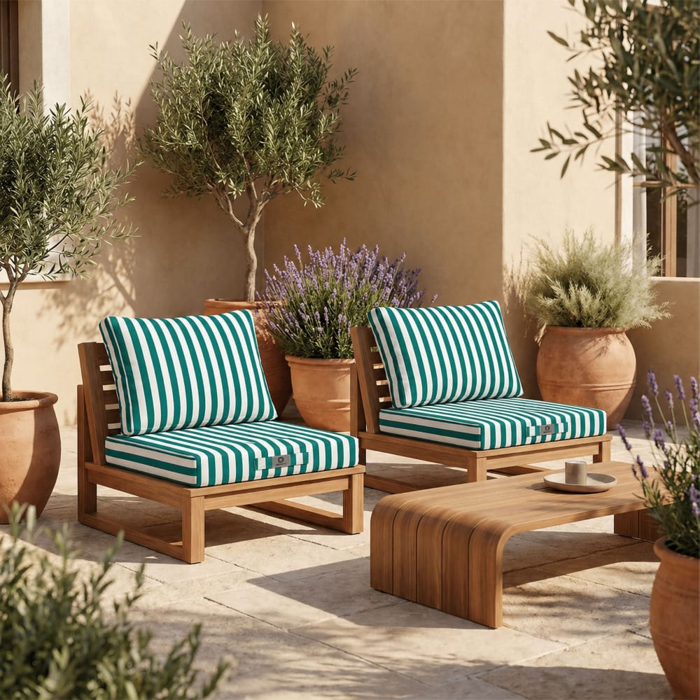 Ensemble Coussins Salon Jardin 50x50 Rayure Vert - Premium 270g (assise + Dossier)