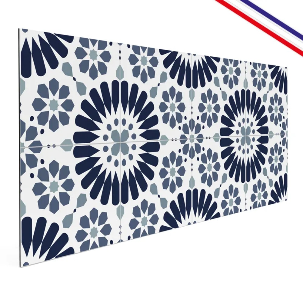 Crédence cuisine en aluminium - effet carreaux de ciment bleu - 240x50 cm (en 2 bandeaux)