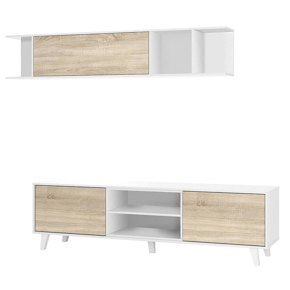Meuble Tv Effet Bois Beige, Blanc 180x41 Cm