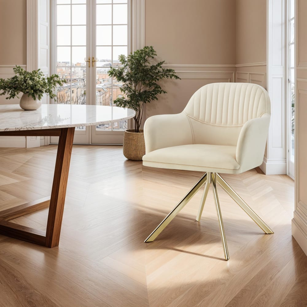 Lot De 6 Chaises Pivotantes À 360° En Velours Rembourrées Crème/or