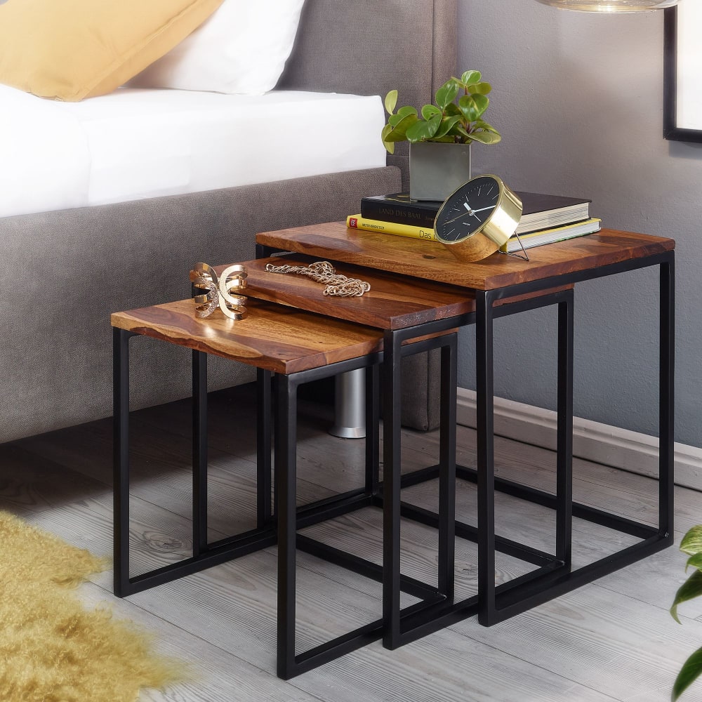 Finebuy Tables Gigognes Bois Massif Table D'appoint Set De 3 Tables Basses Métal