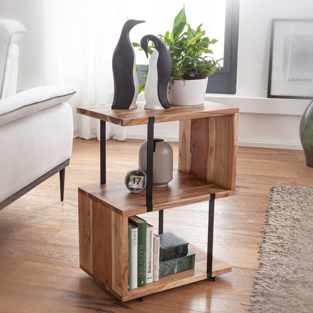 Finebuy Table D'appoint S-from 45x60x30 Cm Table Décorative Acacia Table Basse Bois Métal