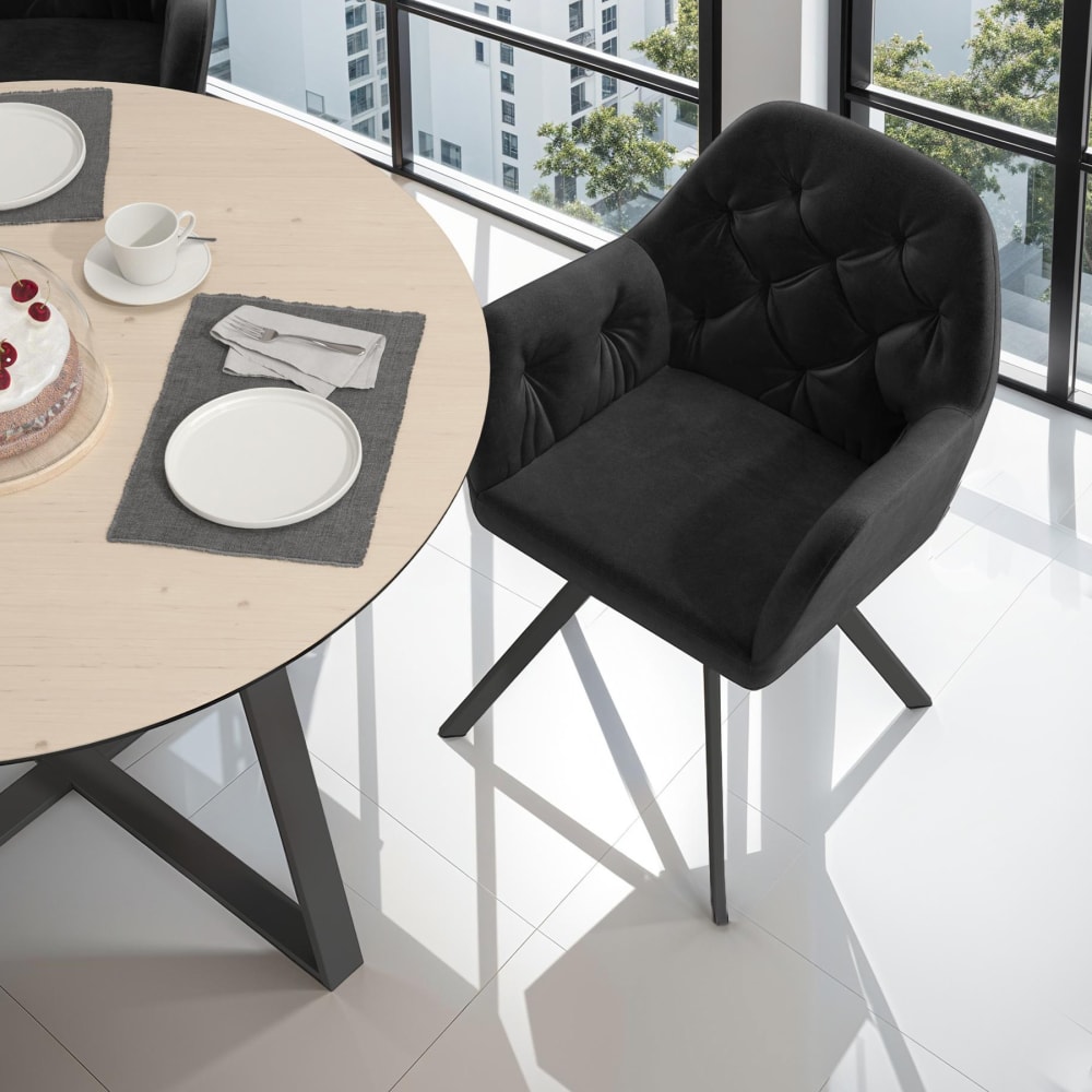 Fauteuil Pivotant 180° En Velours Rembourré Motif Matelassé Noir