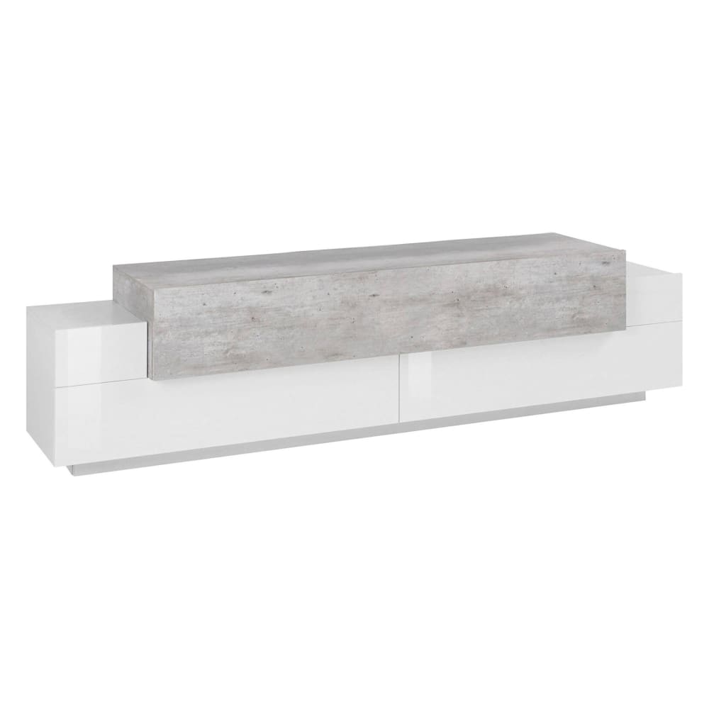 Meuble TV Arold, Buffet bas de salon, Base pour meuble TV, 100% Made in Italy, 200x45h52 cm, Blanc brillant et ciment
