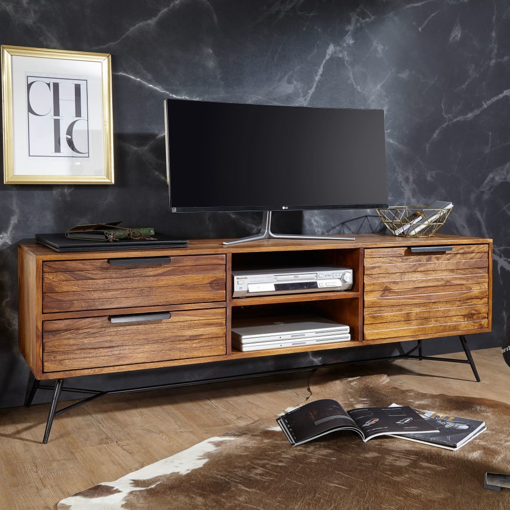Finebuy Meuble Tv 160 Cm Lowboard Tiroirs Commode Tv Bois Massif Avec Porte