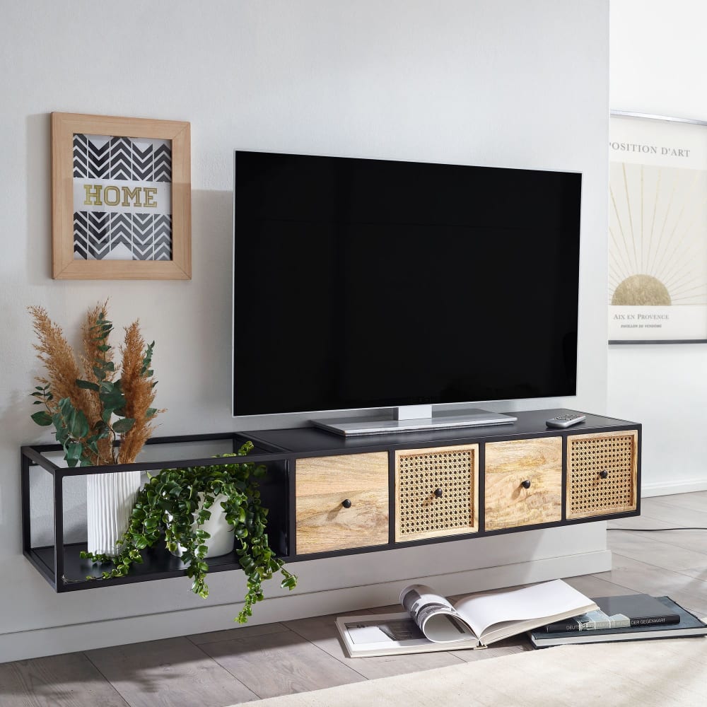 Finebuy Meuble Tv Suspendu 150x25x35 Cm Bois Massif Lowboard Panneau Télévision