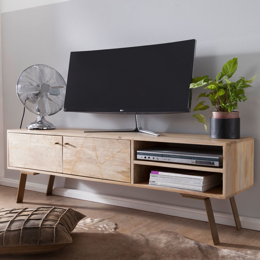 Finebuy Meuble Tv Bois Massif 145x47x35cm Lowboard Tv Commode Étagère Télévision
