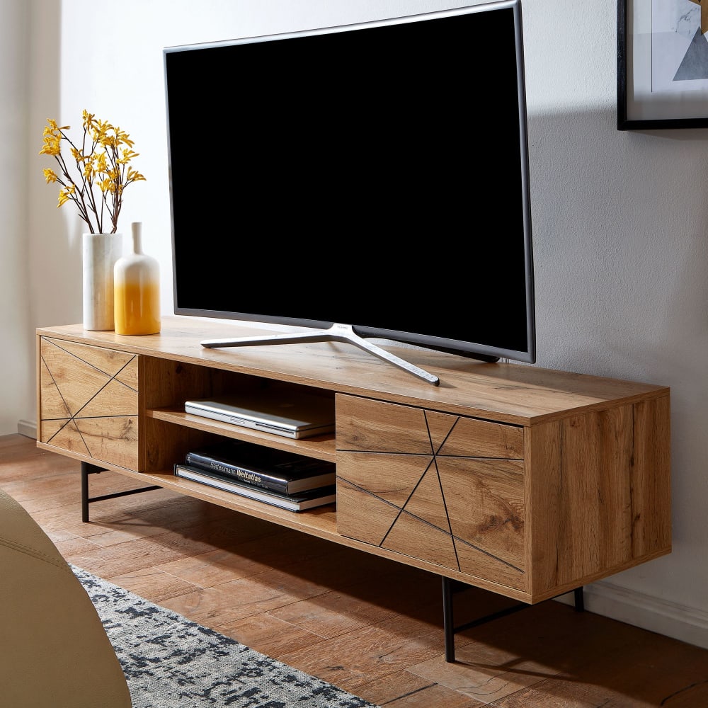 Finebuy Meuble Tv 160x45x40 Cm Bois Décor Chêne Lowboard Panneau De Télévision
