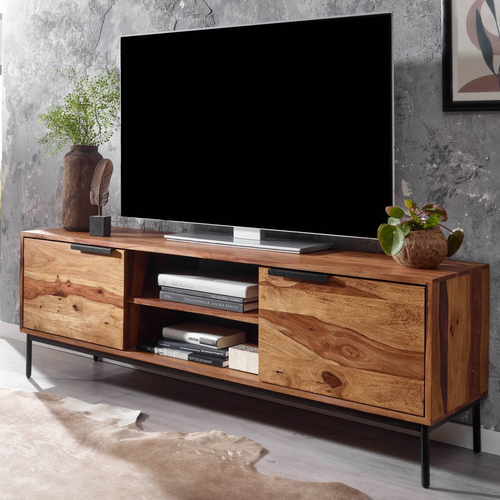 Finebuy Meuble Tv 147 Cm Lowboard Rangements Commode Tv Bois Massif Avec Portes