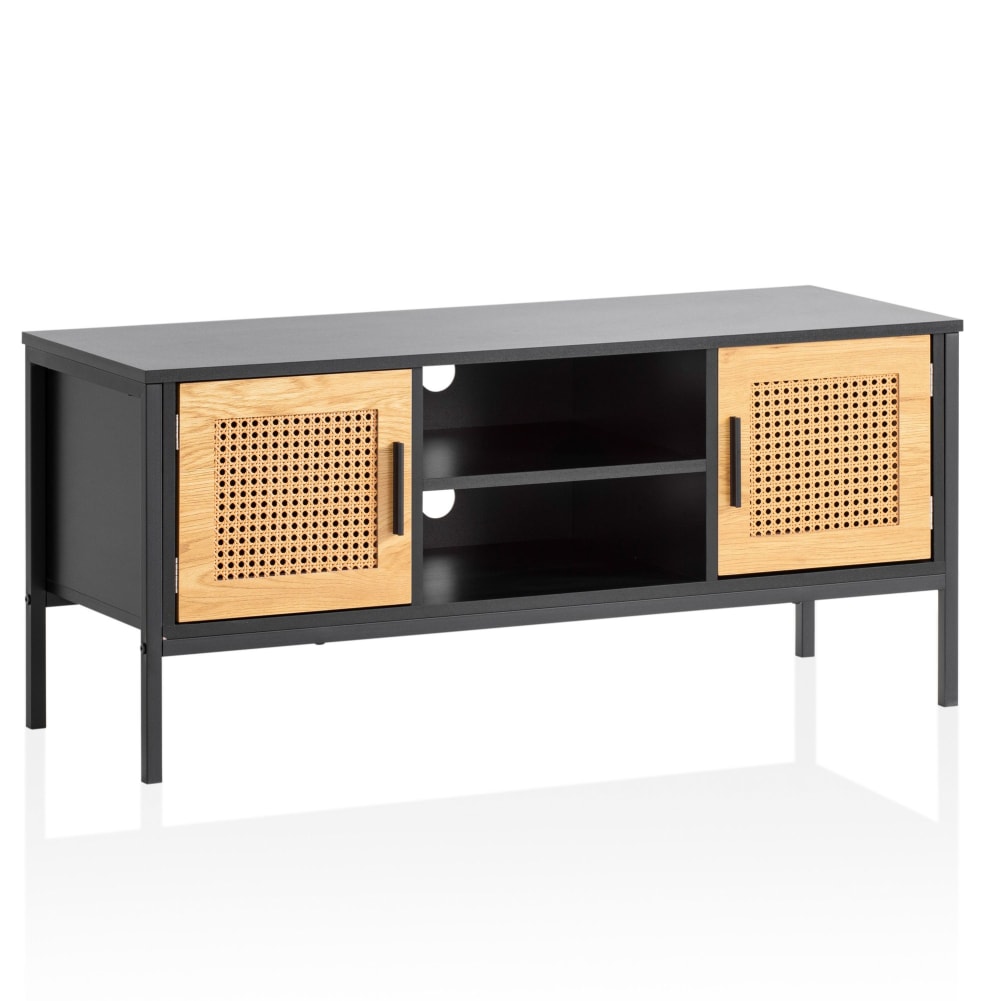 Finebuy Meuble Tv 110 Cm Noir Aspect Chêne Lowboard Rotin Panneau De Télévision