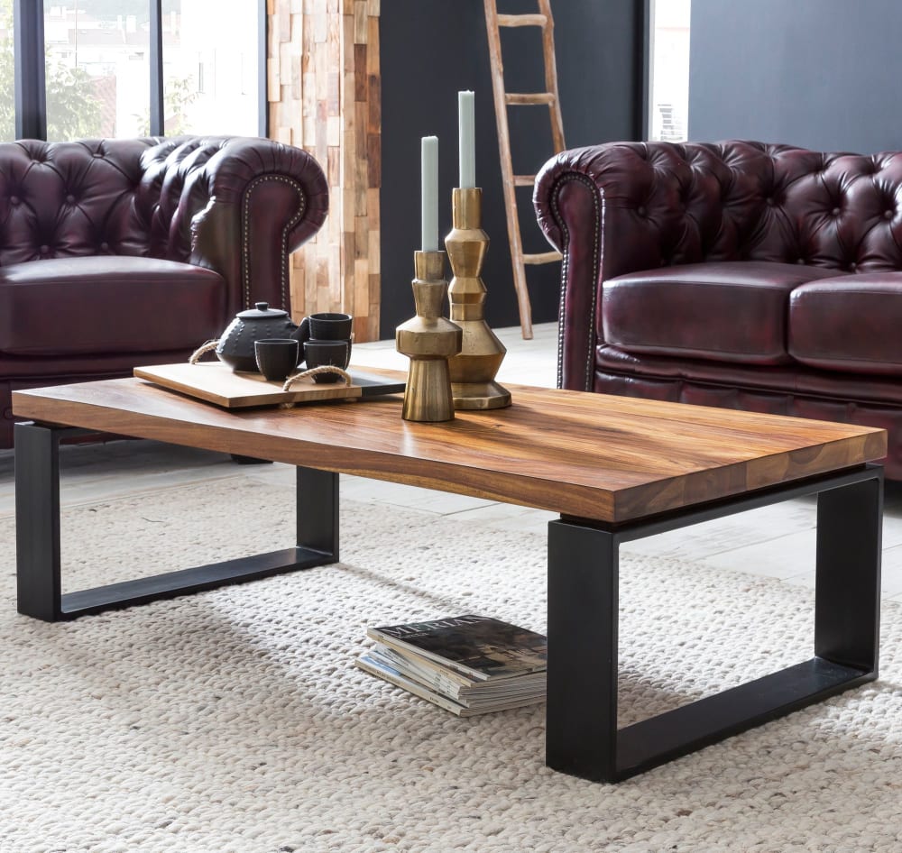 Finebuy Table Basse De Salon 115 Cm Bois Massif Moderne Rectangulaire Marron