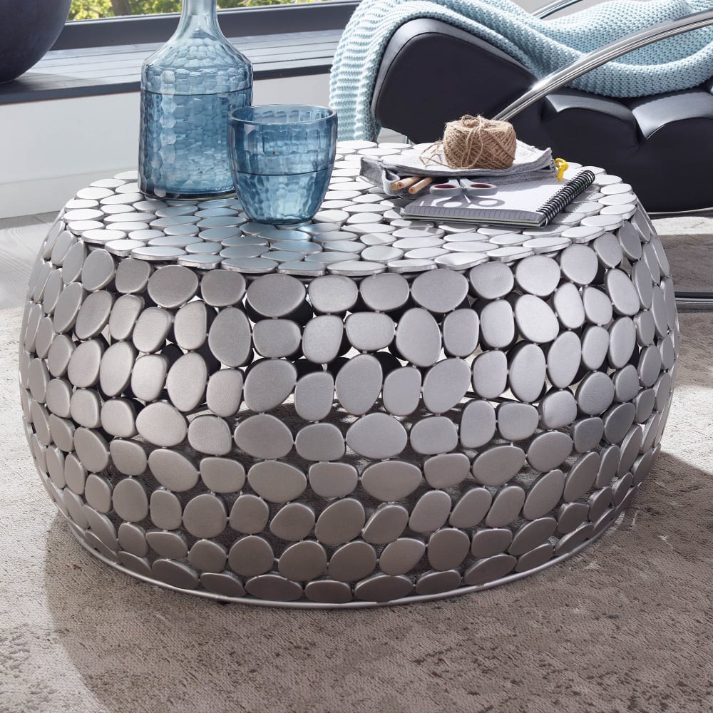 Table Basse Ronde Métal 66x66x32 cm Petite Table de Salon Moderne Argent FineBuy