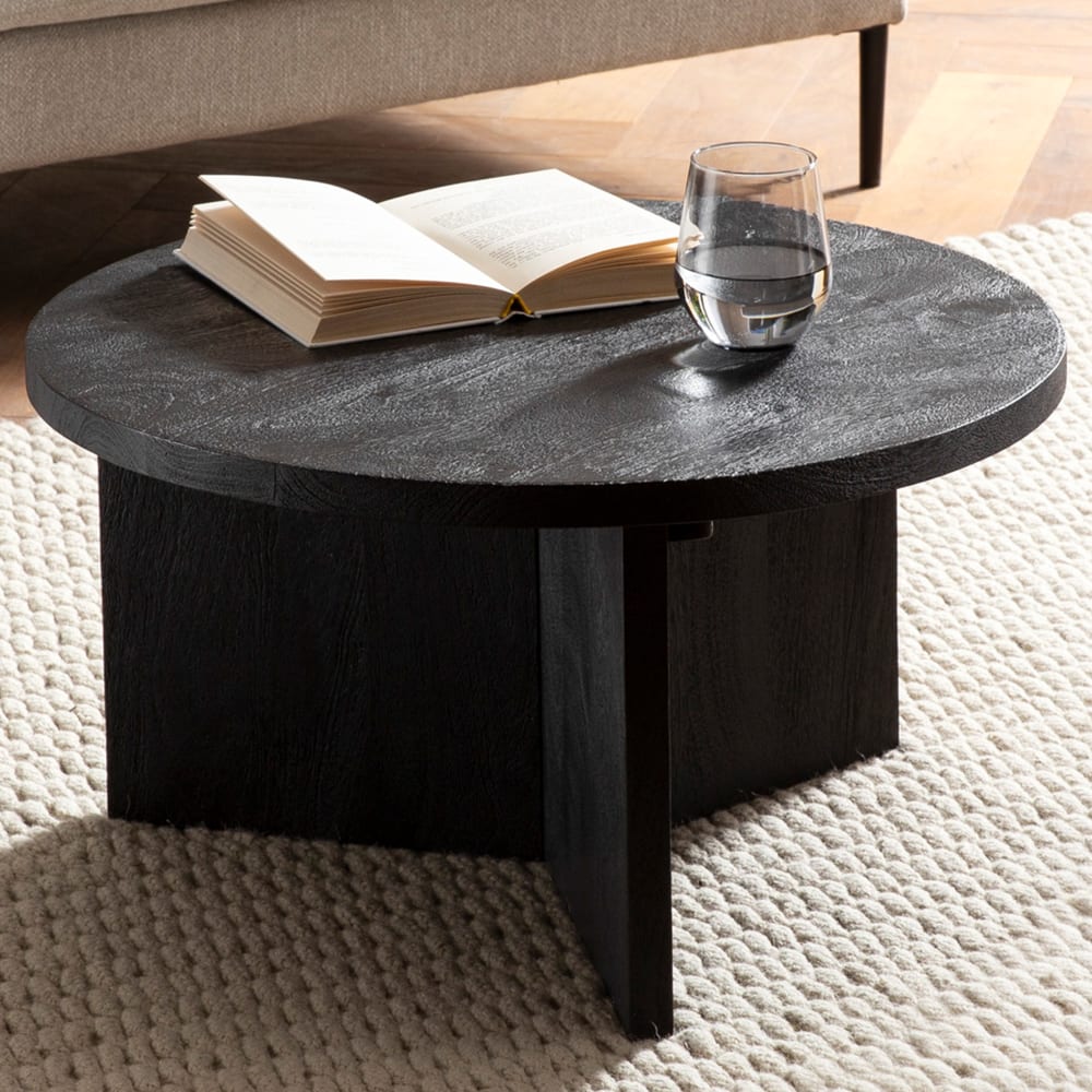 Table Basse Ronde Bois Massif Noir 60 cm Table de Canapé Salon Moderne FineBuy