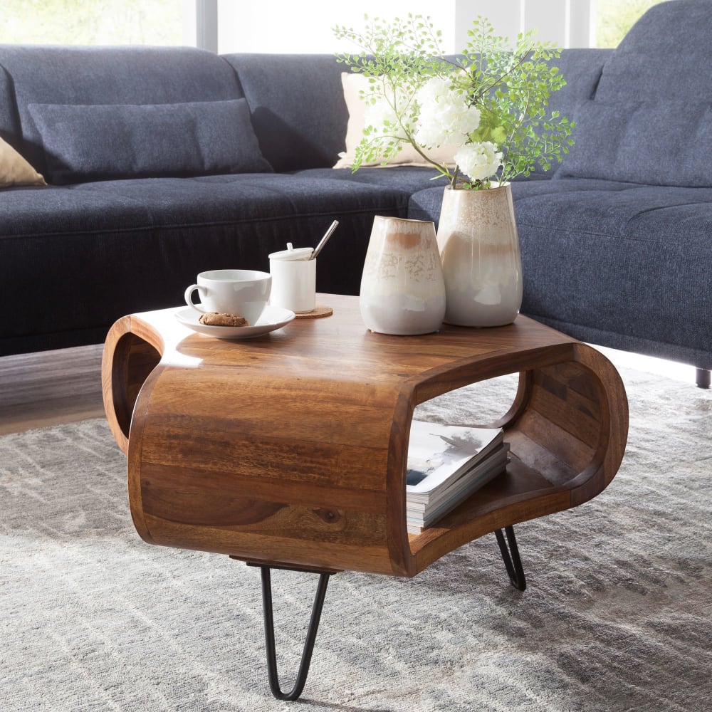 Table Basse Bois Massif Métal 55x38x55cm Table d'appoint Table de salon FineBuy