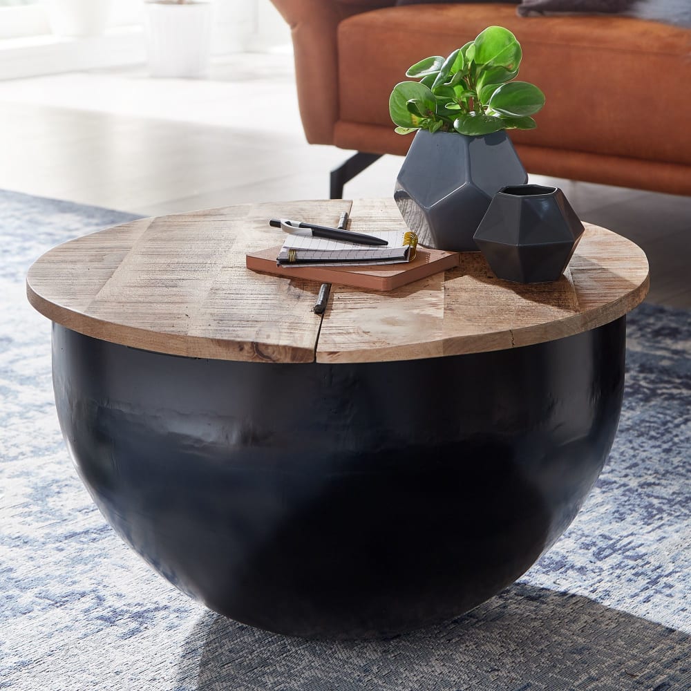 Table Basse Bois Massif 60x34x60 cm Table d'appoint Table de salon Rond FineBuy