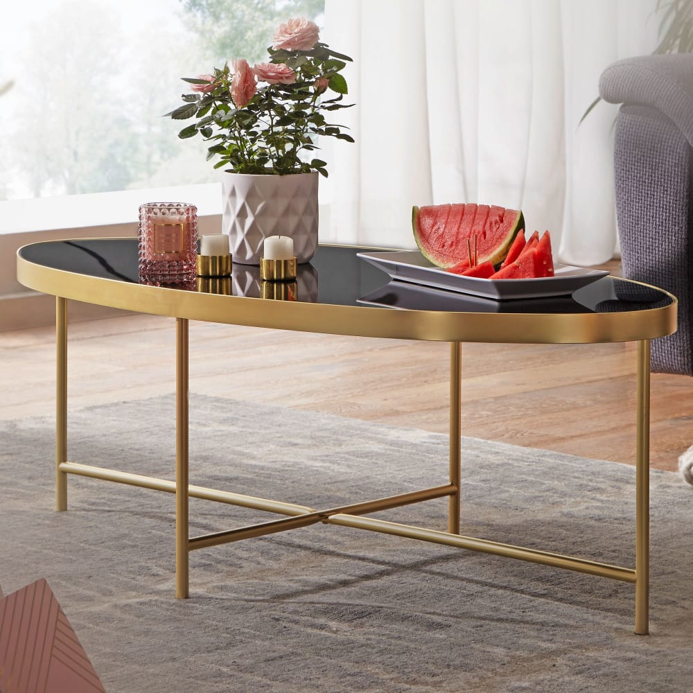 table basse en verre noir table de salon ovale 110 x 56 table en verre or FineBuy