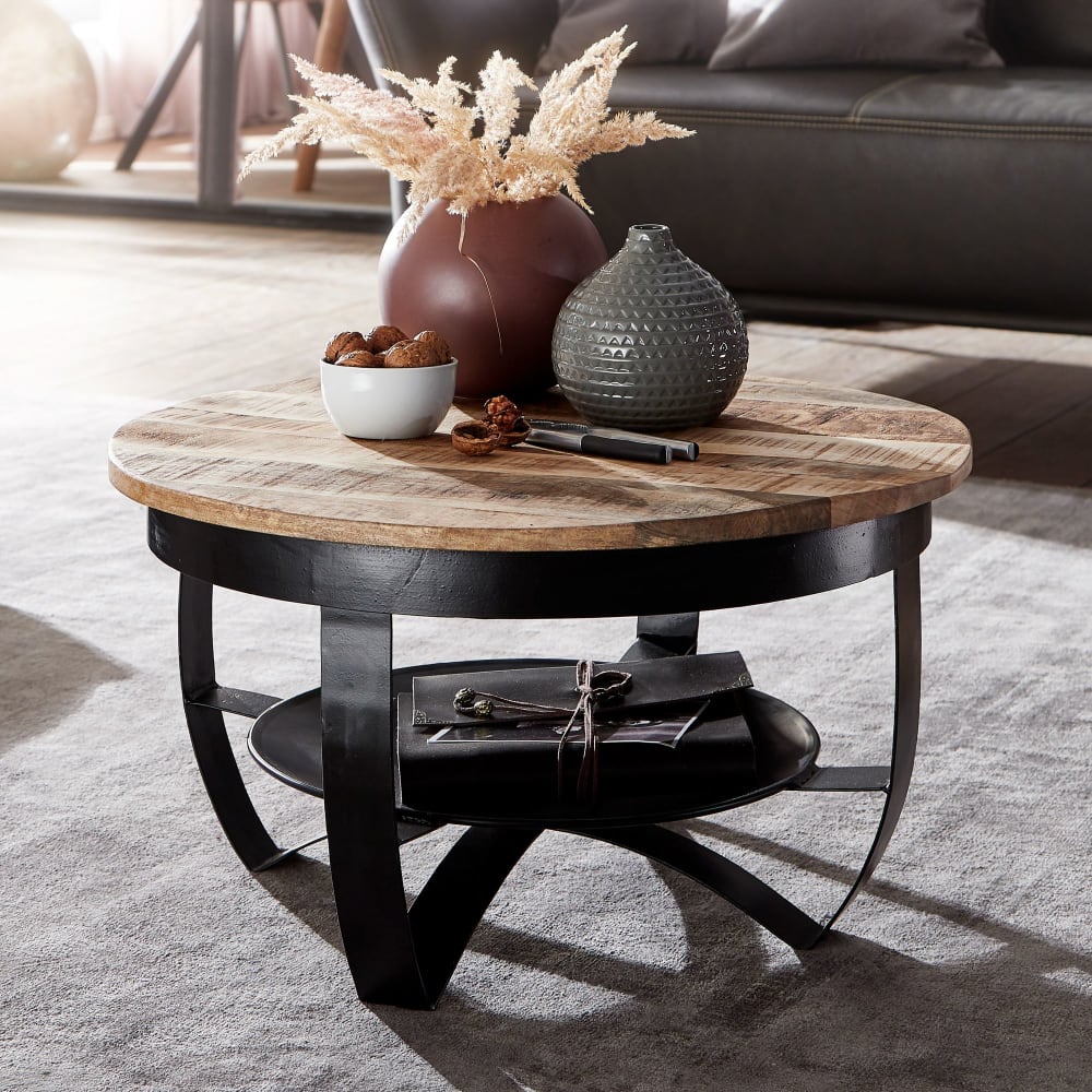 Table Basse Bois Massif 60x34x60 cm Table d'appoint Table de salon Rond FineBuy